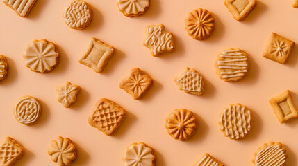 A variety of decorative cookies arranged on a light background.