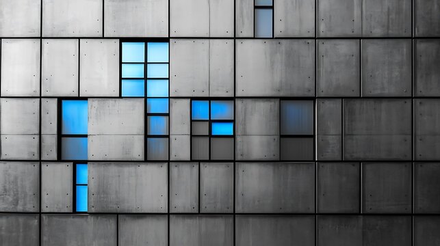 Minimalist grids in grayscale with pops of electric blue on a smooth metallic silver background