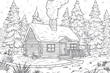 Naklejka premium Charming illustration of a snow covered log cabin in a tranquil forest setting, smoke curling from its chimney, perfect for coloring and artistic expression