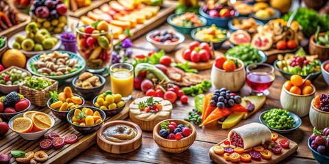 Fototapeta premium Aerial View of a Colorful Food Spread Showcasing Delicious Dishes, Including Fresh Fruits, Gourmet Salads, and Appetizers Perfect for a Vibrant Dining Experience