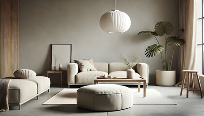 Neutral Calm: Minimalist Living Room with Sofa, Ottoman, and Plant.