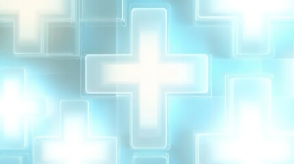 Obraz premium Overlapping translucent squares forming a grid of illuminated medical crosses (+), glowing softly with gradient tones of light blue fading to white, minimalist and serene layout.