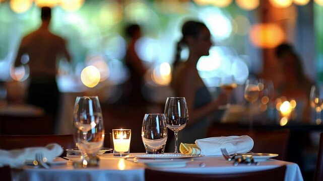 Multiple blurred images of waiters and diners mingle in the defocused background.