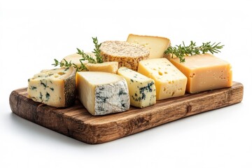 Wooden tray with cheese, isolated on a white background.