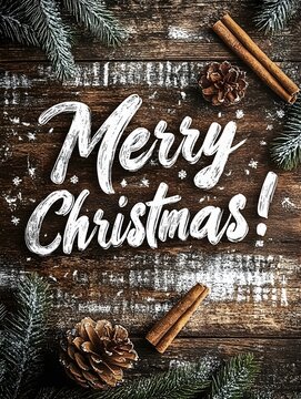 Rustic Merry Christmas Card with Pinecones and Cinnamon on Wooden Background