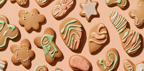 A colorful assortment of decorated gingerbread cookies on a pastel background.