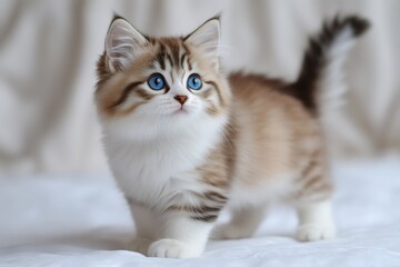 Obraz premium Adorable kitten walking on white blanket with blue eyes and fluffy tail