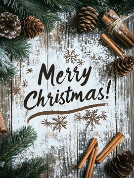 Rustic Merry Christmas Card with Pinecones and Cinnamon on Wooden Background
