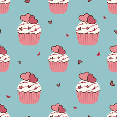 Seamless pattern of sweet cupcakes and hearts on a bright background, decoration for Valentine's Day, wedding, birthday.
