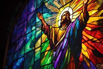 A stained - glass window depicting the resurrection with vibrant colors