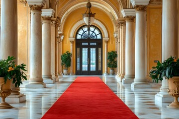 Obraz premium Red carpet leading to entrance of elegant building with columns