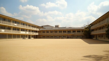 Serenity of a Schoolyard: A Peaceful Educational Environment with Spacious Courtyard Under a Bright Sky and Soft Cloud Coverage