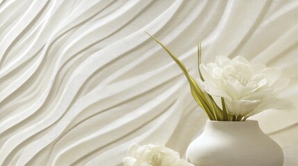 Obraz premium Elegant White Floral Arrangement in Minimalist Vase Against Textured White Wave Background for Modern Interior Decor Inspiration