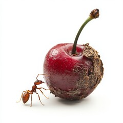 Ant Exploring a Cherry Fruit on a White Background