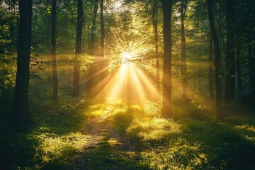 Fototapeta premium Golden sunlight shining through misty forest at dawn