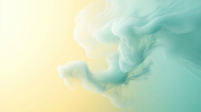 Soft gradient backdrop transitioning from pale yellow to light aqua blue, with ethereal, cloud-like forms in the center. 