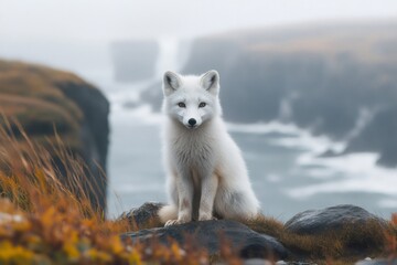 Fototapeta premium White arctic fox sitting on a cliff in iceland, wildlife photography