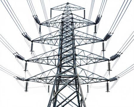 High voltage power tower line. isolated on white background as transparent. PNG. AI GENERATED.	