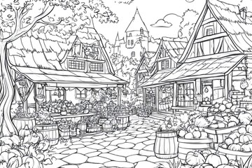 Obraz premium Black and white illustration depicting a medieval market with produce filled stalls, cobblestone streets, and a castle backdrop