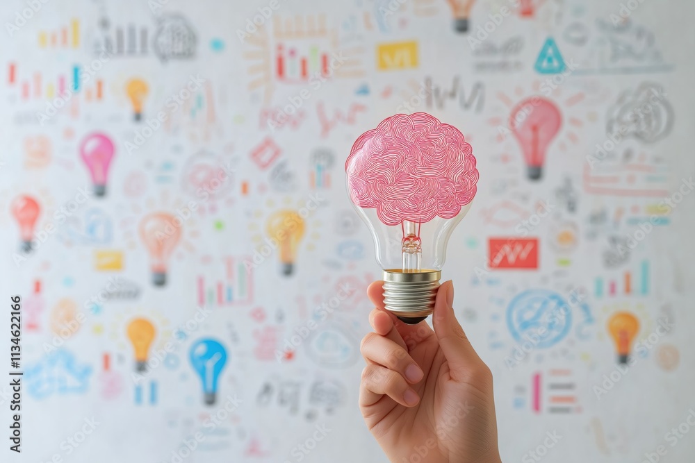 Poster a hand holds a glowing light bulb with a brainlike pink structure, set against a colorful doodle bac