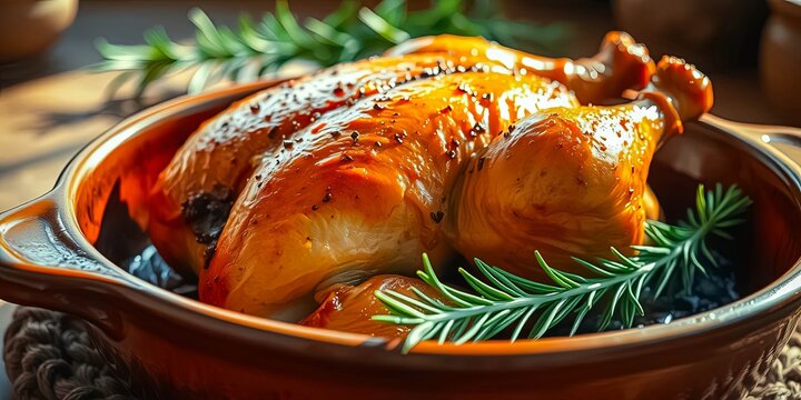 Roasted poultry in a rustic ceramic dish with herbs