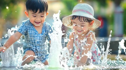 Two children playing in a fountain, water splashing, joyful laughter, sunny day, casual summer clothes, sense of freedom and fun, outdoor activity, innocence