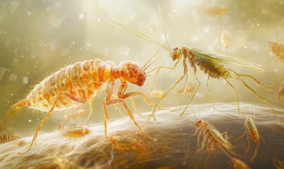Microscopic insects interact on surface, surrounded by smaller organisms.