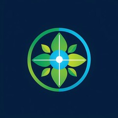 Abstract Eco Logo Design: A circular, vibrant green and blue logo with a white center, featuring stylized leaves radiating outward from the center, evokes a sense of growth, nature.