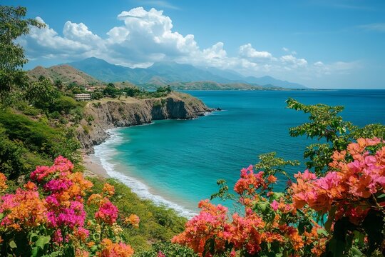 Bougainvillea flowers blooming on tropical beach in venezuela, tourism in choroni