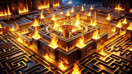 Aerial View of a Golden Labyrinth Engulfed in Neon Flames, Capturing the Glamour and Intrigue of the Gatsby Era with a Futuristic Twist