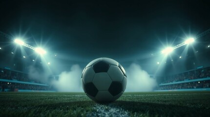 Soccer Ball Under Stadium Lights: A classic soccer ball takes center stage on a lush green field, illuminated by the powerful beams of stadium lights. Smoke trails across the pitch.