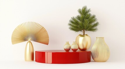 Red podium with gold vases, pine tree, and fan decoration on white background.