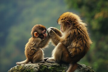A monkey mother is combing the hair of her baby