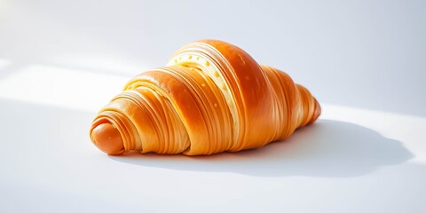 Golden-brown croissant, a delightful pastry, rests on a pristine white surface, bathed in soft sunlight.