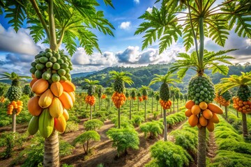 Aerial View of a Lush Papaya Orchard Surrounded by Tropical Foliage Showcasing the Vibrant Orange Fruit Against a Backdrop of Green Leaves Under Clear Blue Skies