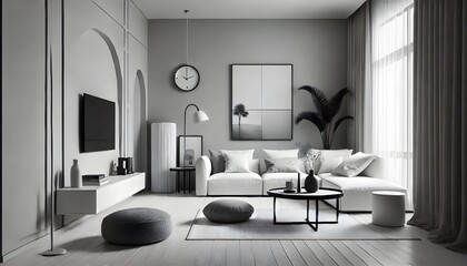 Fototapeta premium Minimalist interior design showcases a gray and white living room with clean lines and modern furniture.