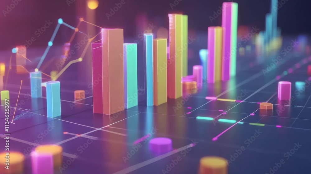 Fototapete colorful digital data visualization with neon bar graphs and lines