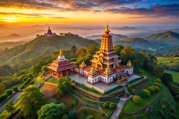 Aerial View of a Majestic Temple Surrounded by Lush Greenery and Mountains, Captured with a Drone for Stunning Landscape Photography