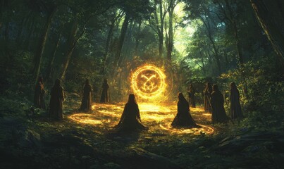 Forest ritual: robed figures circle glowing portal.