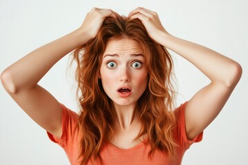 Fototapeta premium Shocked redhead woman pulling hair in frustration and disbelief