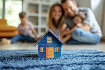 Family enjoying time together at their new home with miniature house in foreground
