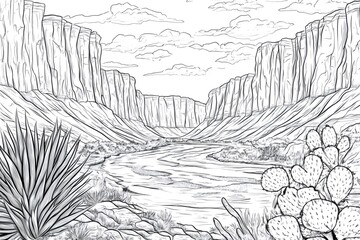 Fototapeta premium Black and white line art illustration of a winding river flowing through a canyon with desert plants, suitable for coloring