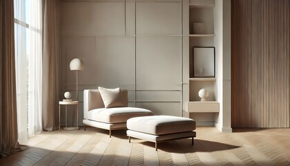 A modern interior design showcases a lounge chair and ottoman.