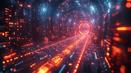 Fototapeta premium A futuristic tunnel with glowing lights and digital elements, suggesting advanced technology.