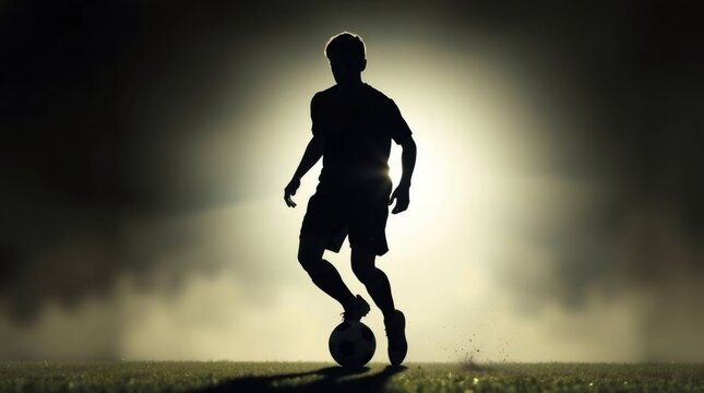 Night Soccer Silhouette: A dramatic silhouette of a soccer player illuminated against a dark night sky, showcasing skill and determination.