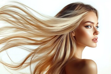Naklejka premium Beautiful blonde model showing long healthy hair flowing in the wind
