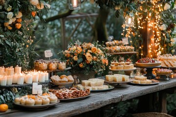 Delicious cakes and pastries displayed on a rustic table at an outdoor wedding reception