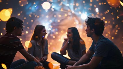 Defocused image of astronomy club members discussing constellations.