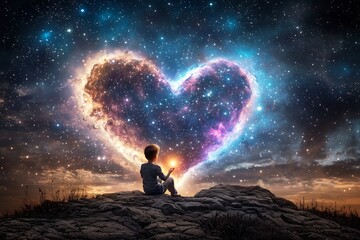 Obraz premium A Silhouetted Figure Sitting on a Rock Cliff Gazes at a Glowing Heart Shaped Galaxy in the Starry Night Sky