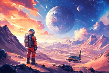 Fototapeta premium Astronaut Exploring Alien Landscape with Giant Planet in the Sky